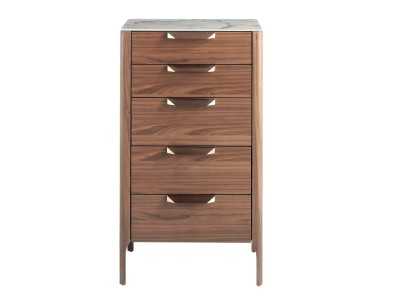 Chiffonnier en noyer avec plateau en verre imitation marbre porcelaine - DINA