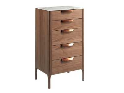Chiffonnier en noyer avec plateau en verre imitation marbre porcelaine - DINA