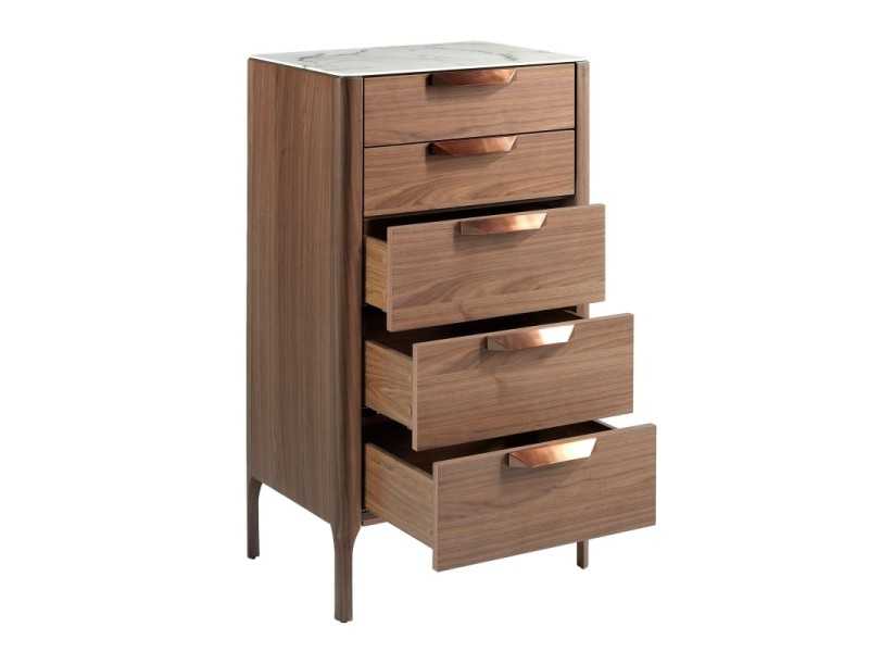 Chiffonnier en noyer avec plateau en verre imitation marbre porcelaine - DINA