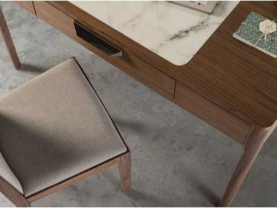 Walnut vanity/desk with porcelain marble-effect glass detail - DINA