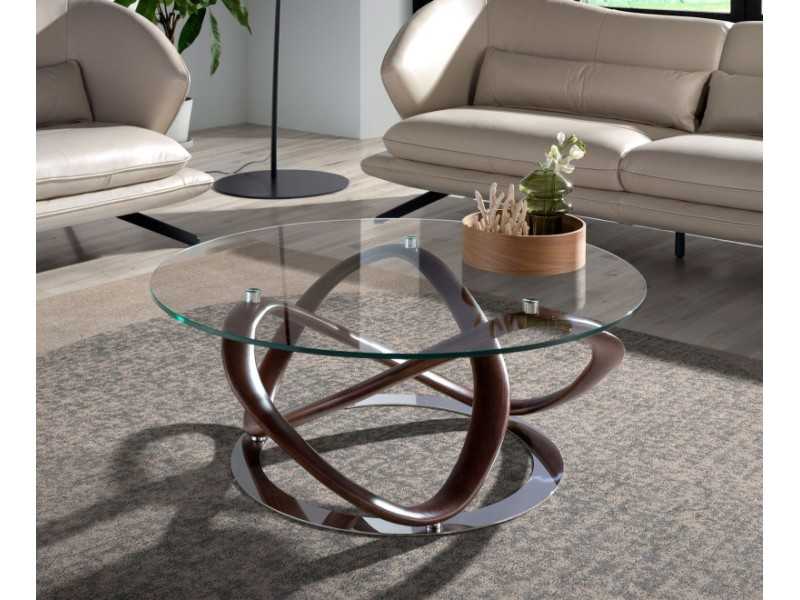 Table basse ronde en bois massif et plateau en verre - MADAME