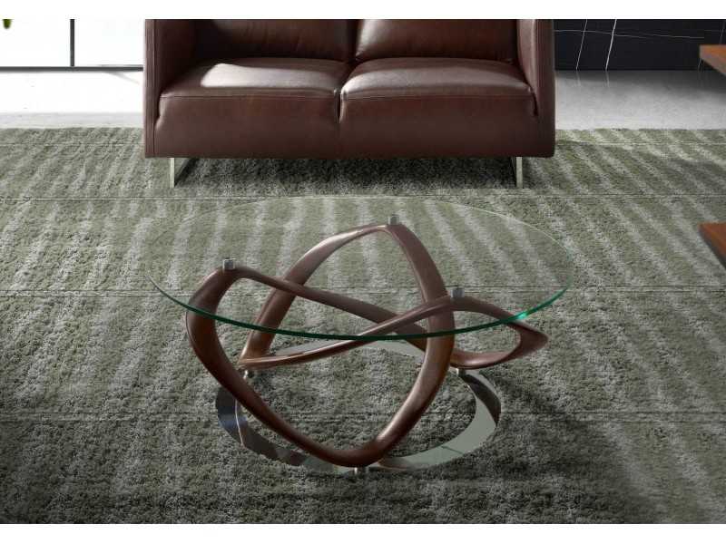 Mesa de centro redonda de madera maciza y tapa cristal - MADAME