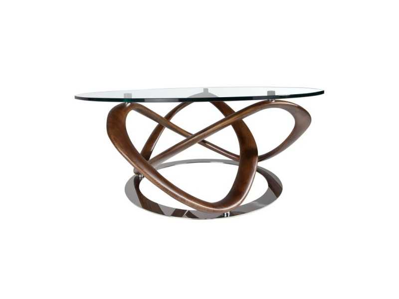 Mesa de centro redonda de madera maciza y tapa cristal - MADAME