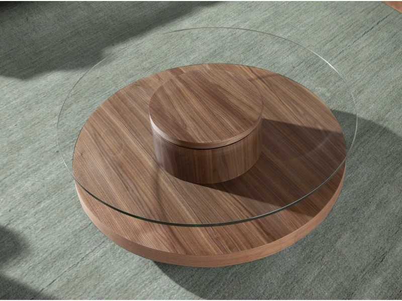 Table basse ronde en noyer avec plateau en verre trempé - RUNDA