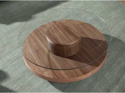 Round walnut coffee table with tempered glass top - RUNDA