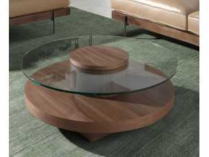 Table basse ronde en noyer avec plateau en verre trempé - RUNDA