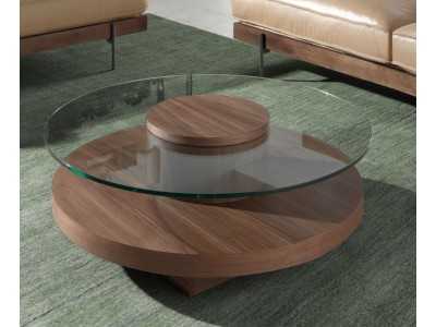 Round walnut coffee table with tempered glass top - RUNDA