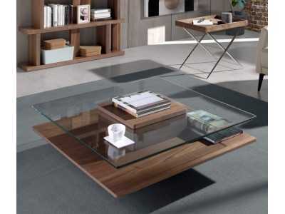 Table basse en noyer avec plateau en verre trempé - HOOK