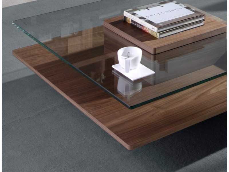 Table basse en noyer avec plateau en verre trempé - HOOK