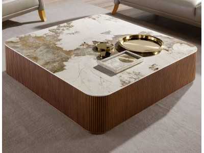 Square walnut coffee table with porcelain marble top - ALBERTINE