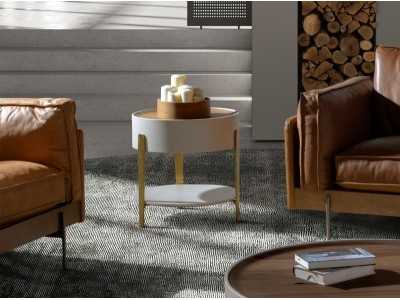 Mesa de rincón redonda lacada, tapa nogal y estructura en acero inoxidable - AINI