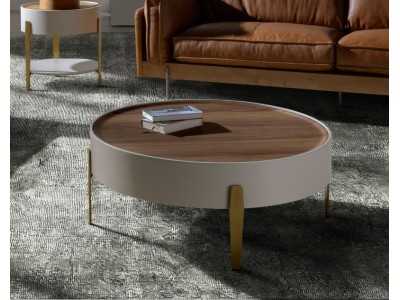 Table basse ronde laquée, plateau en noyer et structure en acier inoxydable - AINI