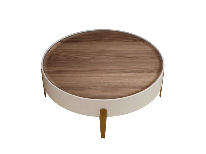 Table basse ronde laquée, plateau en noyer et structure en acier inoxydable - AINI