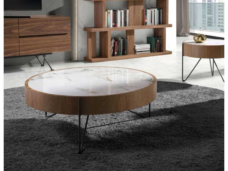 Mesa de centro redonda en nogal con tapa de mármol porcelánico - AYERIM