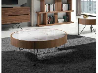 Table basse ronde en noyer avec plateau en marbre porcelaine - AYERIM Table basse ronde en noyer avec plateau en marbre porcelaine - AYERIM