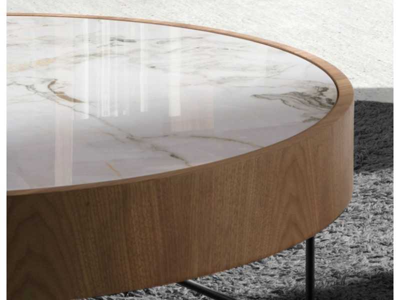 Table basse ronde en noyer avec plateau en marbre porcelaine - AYERIM
