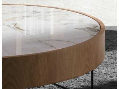 Table basse ronde en noyer avec plateau en marbre porcelaine - AYERIM Table basse ronde en noyer avec plateau en marbre porcelaine - AYERIM
