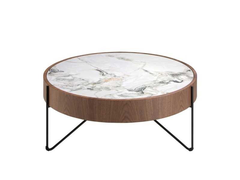 Table basse ronde en noyer avec plateau en marbre porcelaine - AYERIM