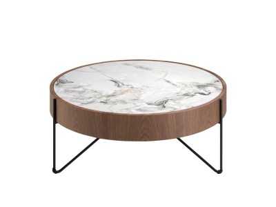 Mesa de centro redonda en nogal con tapa de mármol porcelánico - AYERIM