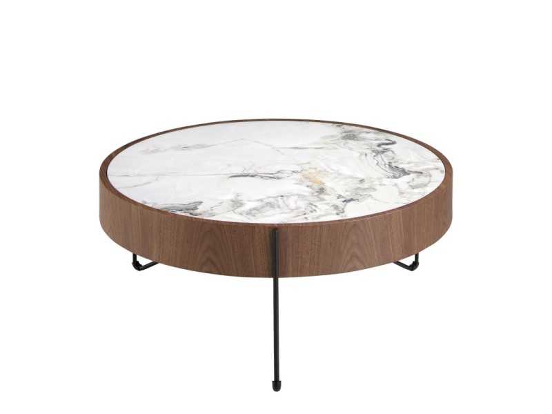 Mesa de centro redonda en nogal con tapa de mármol porcelánico - AYERIM