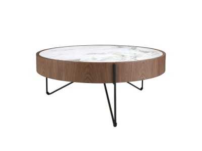 Mesa de centro redonda en nogal con tapa de mármol porcelánico - AYERIM