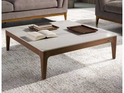 Mesa de centro cuadrada de nogal con tapa de mármol porcelánico - LÉA