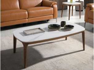 Table basse tonneau ovale en noyer avec plateau en marbre porcelaine - BOTTE