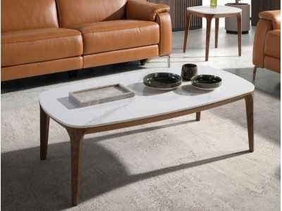 Oval barrel coffee table in walnut with porcelain marble top - BOTTE