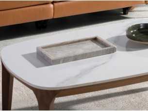 Table basse tonneau ovale en noyer avec plateau en marbre porcelaine - BOTTE 2