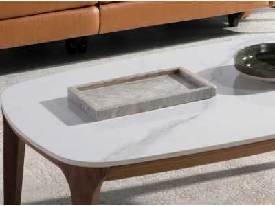 Oval barrel coffee table in walnut with porcelain marble top - BOTTE