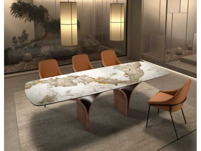 Mesa de comedor extensible con tapa de mármol porcelánico y bases en acero inoxidable - BRIDGE