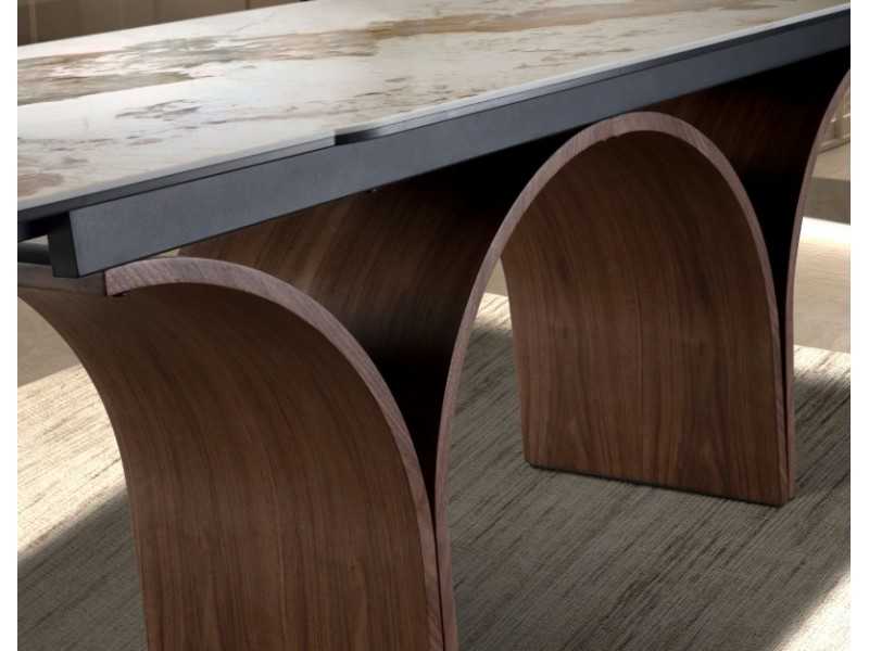 Mesa de comedor extensible con tapa de mármol porcelánico y bases en acero inoxidable - BRIDGE