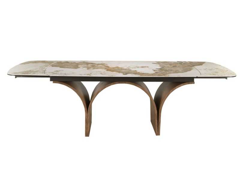 Mesa de comedor extensible con tapa de mármol porcelánico y bases en acero inoxidable - BRIDGE