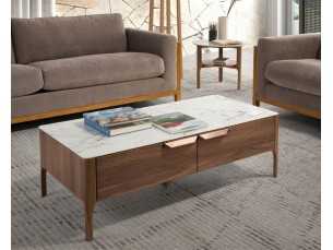 Table basse en noyer avec plateau en verre imitacion marbre porcelaine - DINA