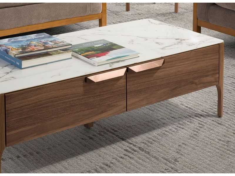 Table basse en noyer avec plateau en verre imitacion marbre porcelaine - DINA