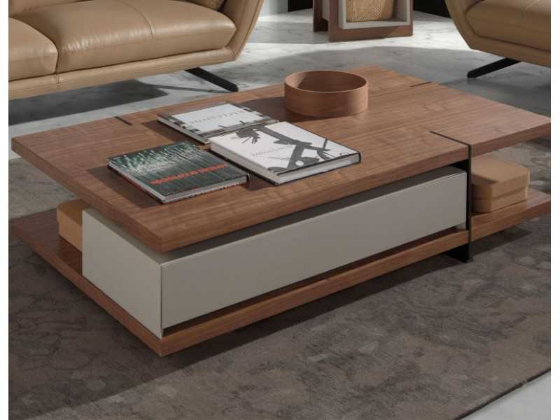 Table basse en noyer avec tiroir laqué et piètements en acier inoxydable - BEATRIX