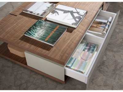 Table basse en noyer avec tiroir laqué et piètements en acier inoxydable - BEATRIX