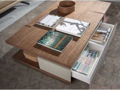 Table basse en noyer avec tiroir laqué et piètements en acier inoxydable - BEATRIX