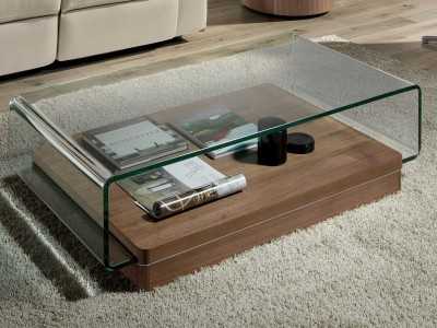 Table basse en verre courbé et trempé avec piètement en noyer - BICCHIERE Table basse en verre courbé et trempé avec piètement en noyer - BICCHIERE