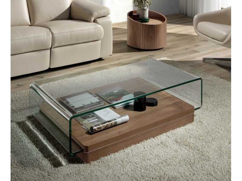 Table basse en verre courbé et trempé avec piètement en noyer - BICCHIERE