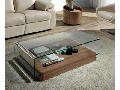 Mesa de centro de cristal curvado y templado con base en nogal - BICCHIERE Mesa de centro de cristal curvado y templado con base en nogal - BICCHIERE