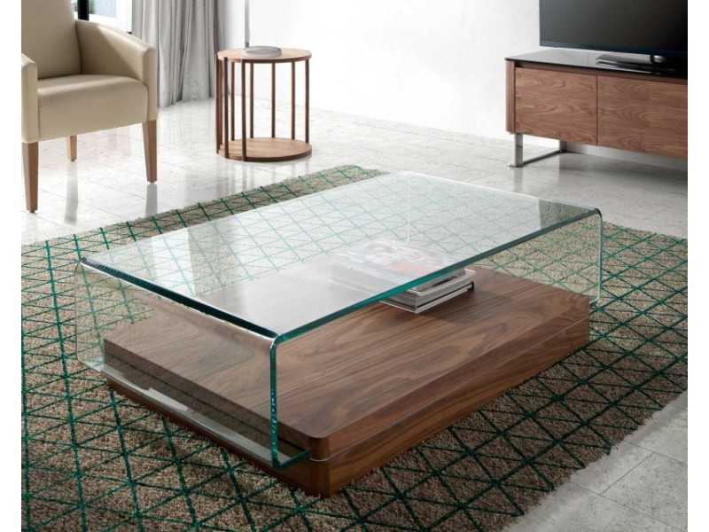 Table basse en verre courbé et trempé avec piètement en noyer - BICCHIERE