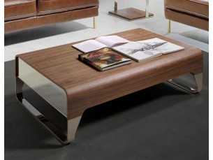 Table basse en noyer avec tiroirs et piètement en acier inoxydable - LOUNA