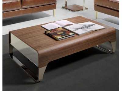 Table basse en noyer avec tiroirs et piètement en acier inoxydable - LOUNA