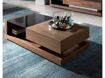 Table basse en noyer, verre noir et acier inoxydable poli - ANDUJAR