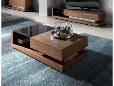 Table basse en noyer, verre noir et acier inoxydable poli - ANDUJAR