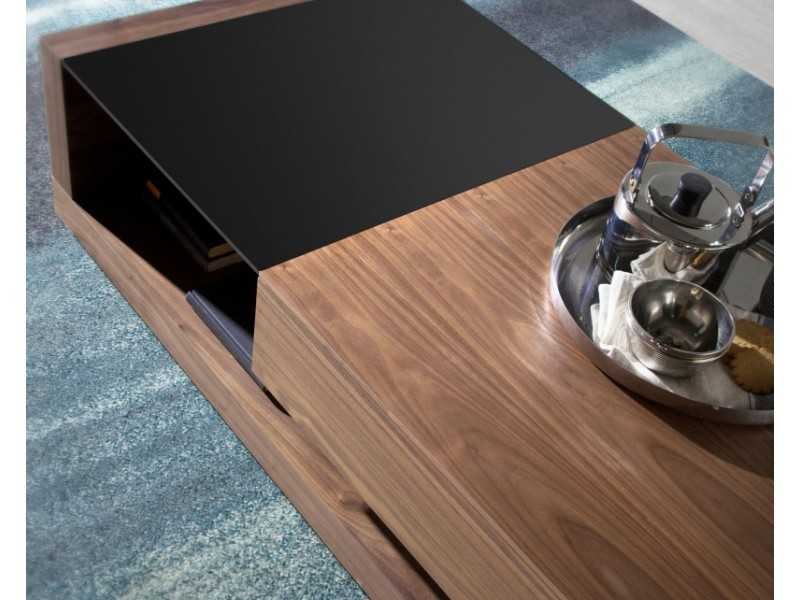 Coffee table in walnut, black glass, and polished stainless steel - ANDUJAR