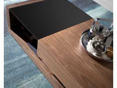 Table basse en noyer, verre noir et acier inoxydable poli - ANDUJAR