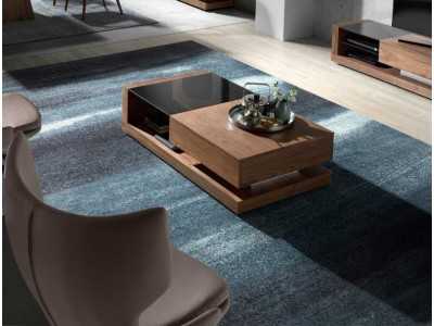 Table basse en noyer, verre noir et acier inoxydable poli - ANDUJAR