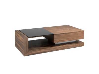 Table basse en noyer, verre noir et acier inoxydable poli - ANDUJAR